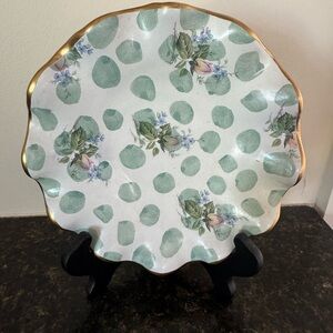 Mackenzie-Childs Decorative Floral Green and Gold Scalloped Plate